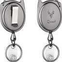 QREEL Heavy Duty Badge Reel, Metal Retractable Keychain, Steel Cord Retractable Badge Holder with Carabiner, Belt Clip and Key Ring (Gun Grey, All Metal Case, 2 Pack)