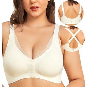 PRETTYWELL Front Closure Bras for Women no Underwire Padded Wireless Comfort Full Coverage Bra with Support Mastectomy Bra (L)