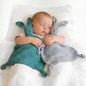 ZIGJOY Bunny Lovey Muslin Cotton Baby Security Blanket Soft Breathable Lovies for Babies Gifts for Newborn Infant Toddler Boys and Girls, Grey & Blue