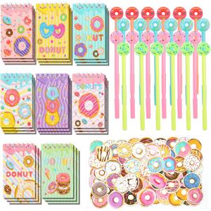 148 Pcs Donut Return Gifts Bulk Mini Notebooks Pens Stickers Set for Donut Themed Birthday Supplies Classroom Reward Gift Prizes Goodie Bags Stuffers