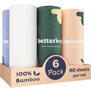 Betterway Bamboo Paper Towels - 6 Rolls, 2 Ply - Plastic Free, Disposable Kitchen Paper Towels - Select Size, Tree Free, Compostable, Strong & Absorbent, No Dyes - PFAS Free (90 Sheets (Pack of 6), White)