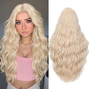 Fancy Hair Platinum Blonde Long Wavy Wig Long Blonde Synthetic Middle Part Curly Wavy Wig for Women Daily Halloween Cosplay 28 Inches