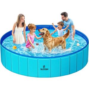 Sloosh Foldable Dog Kiddie Pool - Portable Hard Plastic Doggie Swimming Pool, Anti-Slip Collapsible Pets Bath Tub Suitable for Kids Indoor Outdoor Backyard Use (71" x 12", Blue)