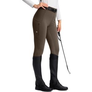 SANTINY Women's Horse Riding Pants Zipper Pockets Silicone Full-Seat Breeches Equestrian Schooling Tights for Women (Large, Brown)