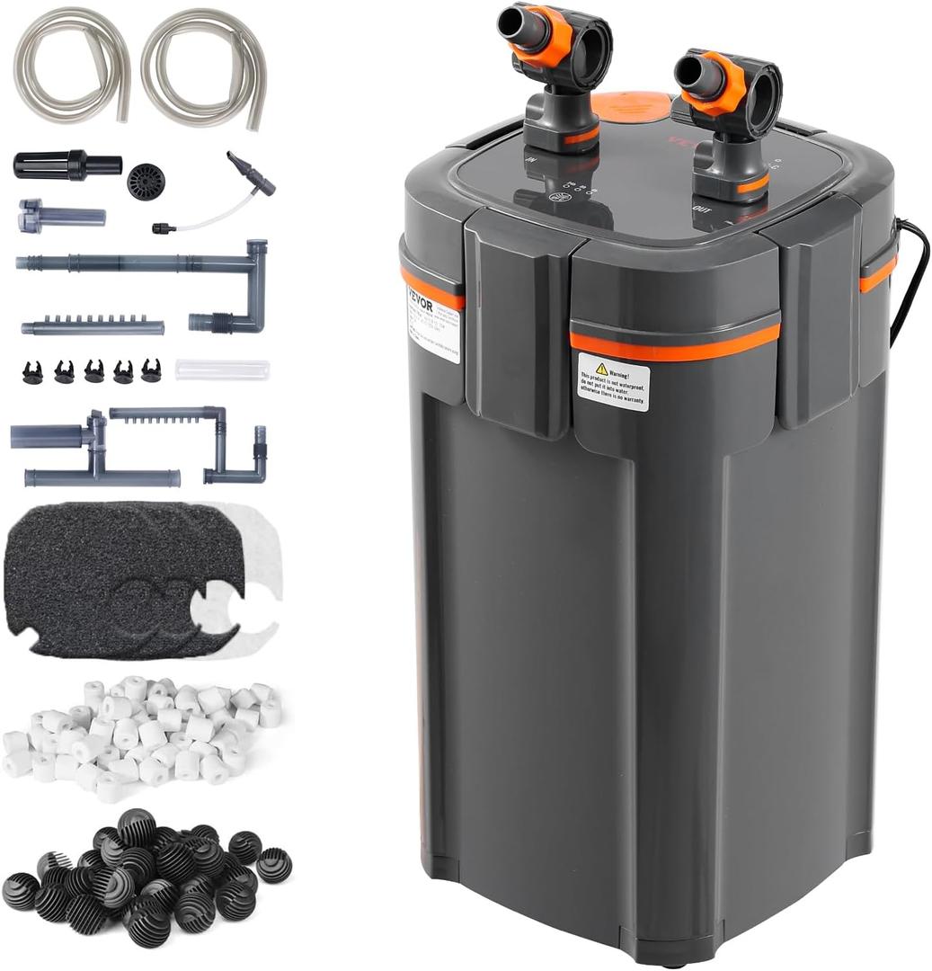 VEVOR Aquarium Filter 317GPH, 4-Stage Canister Filter 100 Gallon, Ultra-Quiet Internal Aquarium Filter with UV Protection, Submersible Power Filter with Multiple Function for Fish Tanks, 12W