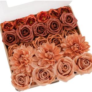 Ling's moment Artificial Flowers Fake Silk Dahlia Faux Foam Roses Combo for DIY Wedding Bouquets Centerpieces Arrangements Bridal Shower Party Home Decorations, Amber & Terracotta, 23pcs