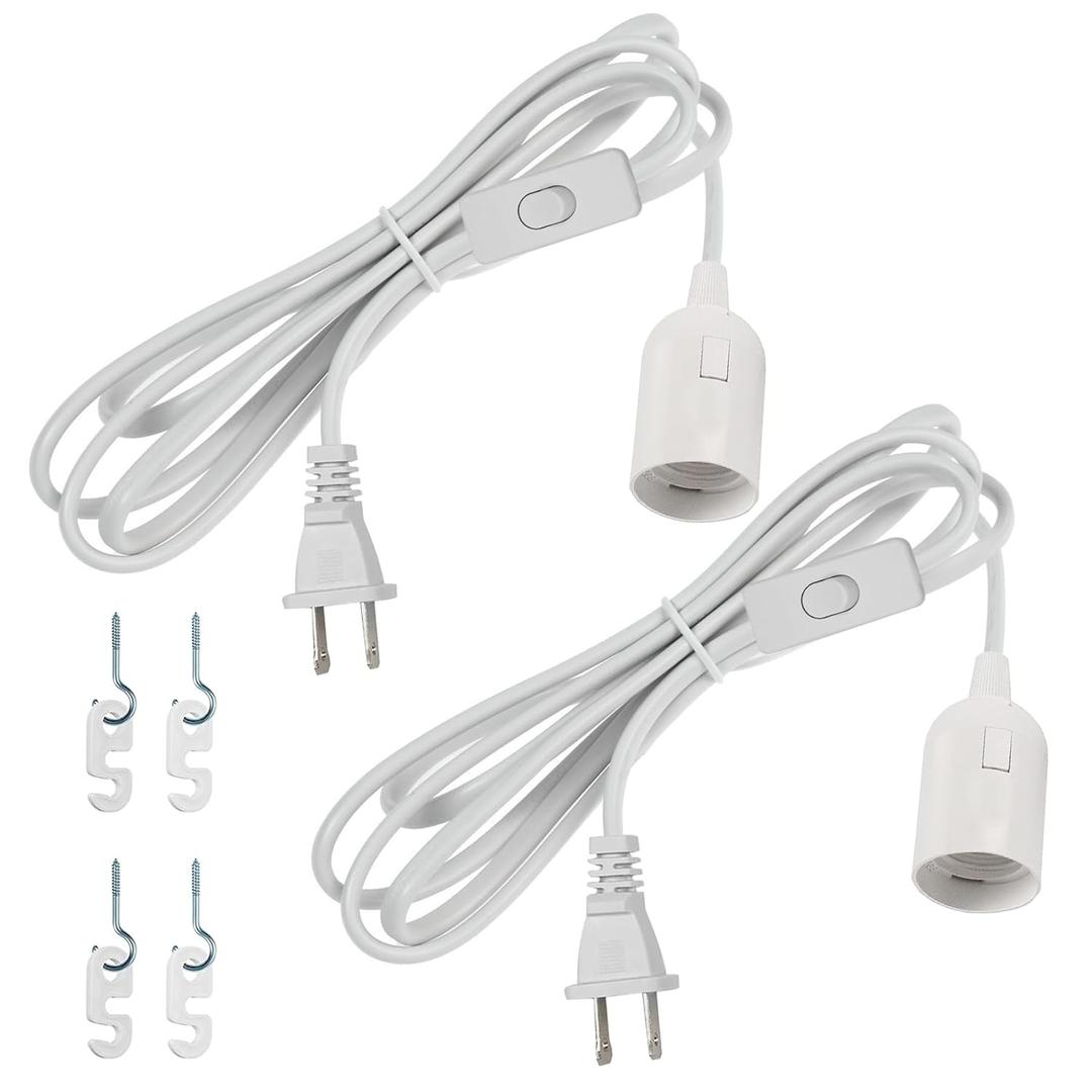 Hanging Pendant Light Cord - 16Ft Light Bulb Socket with Cord E26/E27 Plug in Light Socket, Extension Hanging Lantern Cord with On/Off Switch, White, 2 Pack