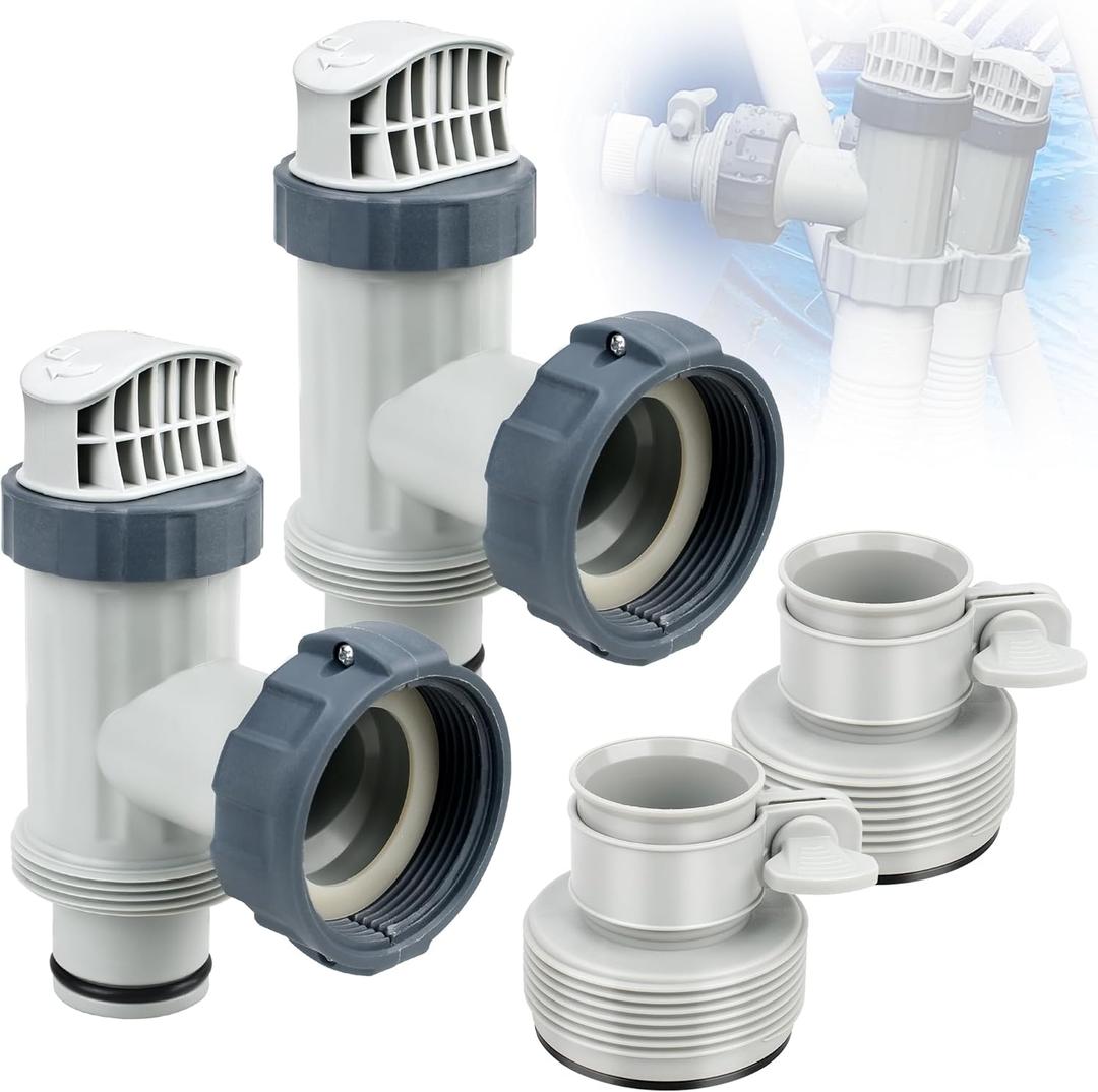 Pool Plunger Valve & 1.25" to 1.5" Type B Hose Adapter, 2-Pack Replacement Kit Compatible with Intex Above Ground Pools, On/Off Shut-Off Valve and Hose Converter for Sand Filter Pump