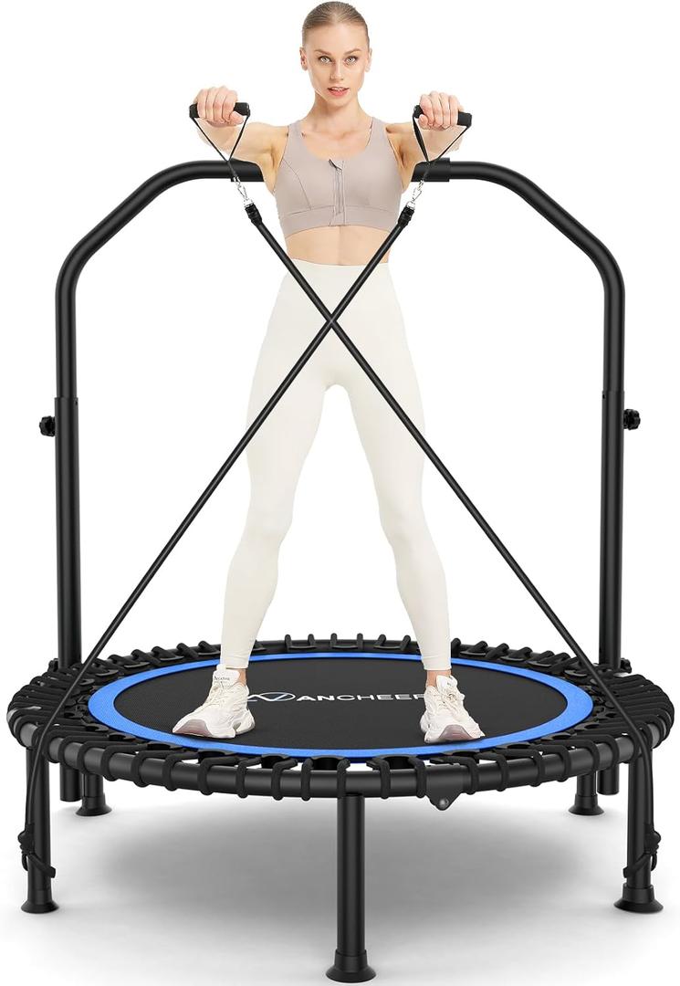 ANCHEER 40"/48" Foldable Mini Trampoline,Max Load 450lbs/550lbs Indoor Trampoline,with 4 Level Adjustable Foam Handle and Resistance Bands,Adult Exercise Trampoline for Home, Garden, and Gym (Blue)