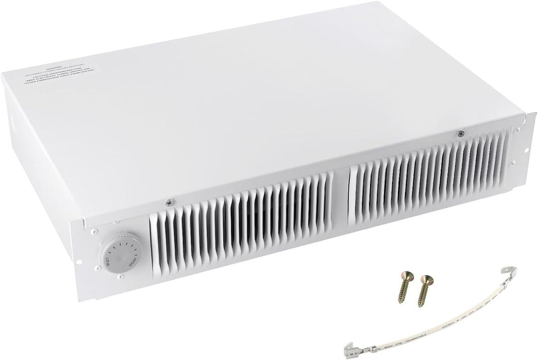 Model 112 Electric Kickspace heater,compact design,white fan-forced wall heater with built-in thermostat,covers 150 square feet, factory wired 240/208VAC