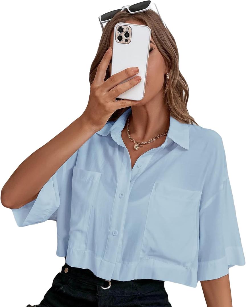 Women's Pocket Half Sleeve Button Front Summer Oversized Crop Blouse Tops (Light Blue)