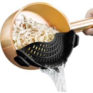 AUOON Clip On Strainer Silicone for All Pots and Pans, Pasta Strainer Clip on Food Strainer for Meat Vegetables Fruit Silicone Kitchen Colander (Standard 8.86 x 3.55 in, Black)