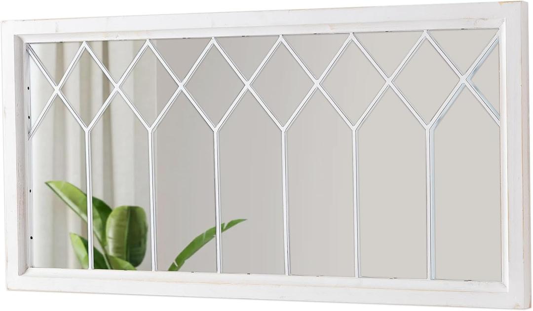 Rectangular Window Mirrors for Wall Decor 20 X 40 Inch, Distressed White Farmhouse Wooden Window Pane Mirror for Living Room, Rustic Horizontal Long Mirrors for Hallway Entryway