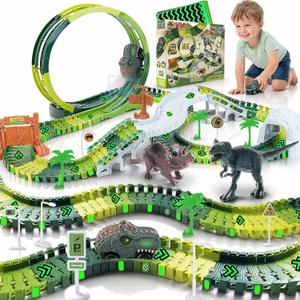 173 PCS Dinosaur Race Tracks for Kids Toys, Glow in The Dark Magic Toy Set with 360 Loop Ramp, 1 Dinosaur Car Track, 2 Realistic Dinosaurs, Flexible DIY Track Set, Gift for Boys Girls Age 3-9