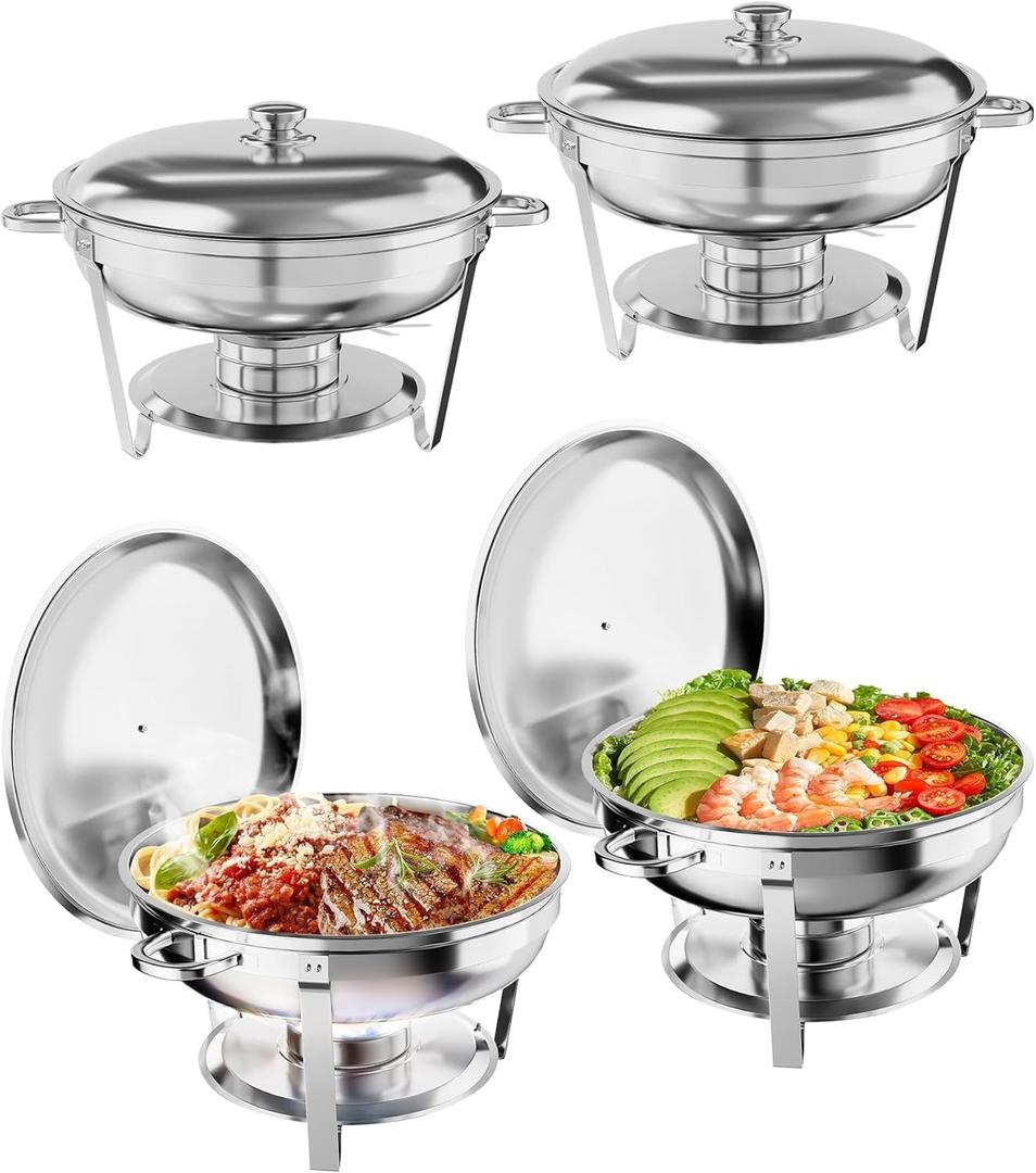 Chafing Dish Buffet Set 4 Pack, 5QT Round Stainless Steel Chafer and Food Warmers with Food & Water Pan, Lid, Frame, Fuel Holder for Catering, Parties, Events, Wedding, Camping, Dinner