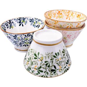 14.5oz Japanese Ceramic Bowls Set of 4, Hand-Painted Leaf Pattern Porcelain Rice Bowls with Vintage Gold Rim, Small Noodle & Soup Bowls for Asian Cuisine, Microwave & Dishwasher Safe, 4 Colors