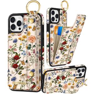 Petitian for iPhone 12 Pro Max Case with Wallet - Women Girls Cute Girly Aesthetic Unique Design Leather Credit Card Holder Cardholder Stand Wristband for iPhone 12 Pro Max, Vin Flower