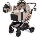 Small Dog Stroller, 5-in-1 Foldable Pet Stroller for Small Dogs Cats 10-20 lbs - 1-Click Fold Without Detaching Carrier, Removable Waterproof Carrier, All Terrain 4 Wheels for Outdoor Travel, Khaki