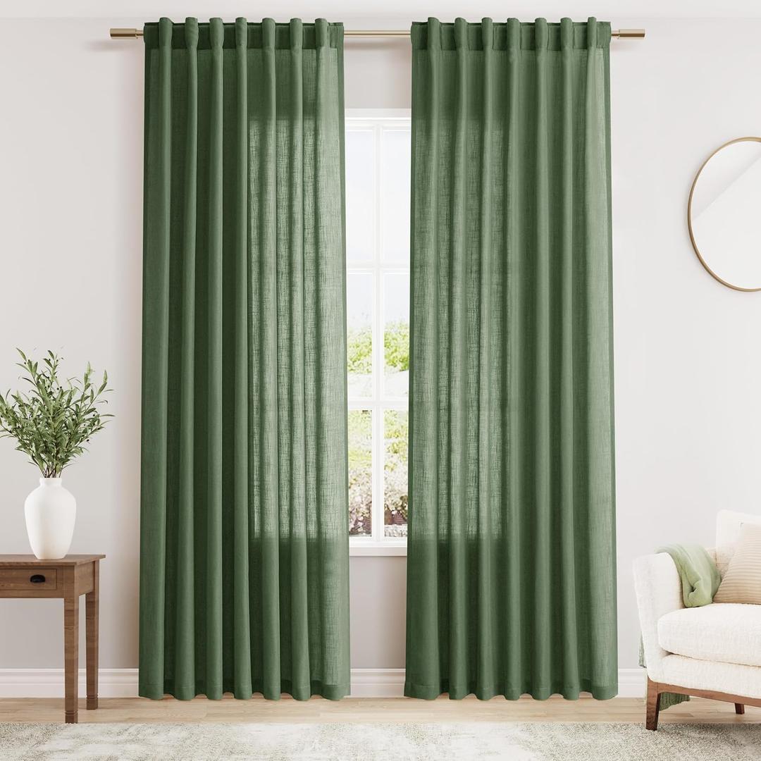 Olive Green Linen Curtains 84 Inches Long for Bedroom Back Tab Light Filtering Privacy Semi Sheer Curtains Modern Farmhouse Decor Olive Green Cotton Textured Curtain for Living Room 2 Panels 52x84