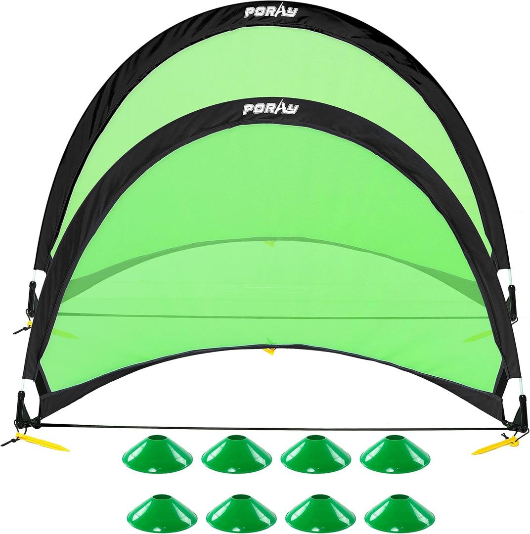 Poray Soccer Goal for Kid Easy-up Set of Two Portable Soccer Net 210D Oxford with 8 Field Marker Cones Extra Stakes Fun for Backyard and Soccer Training