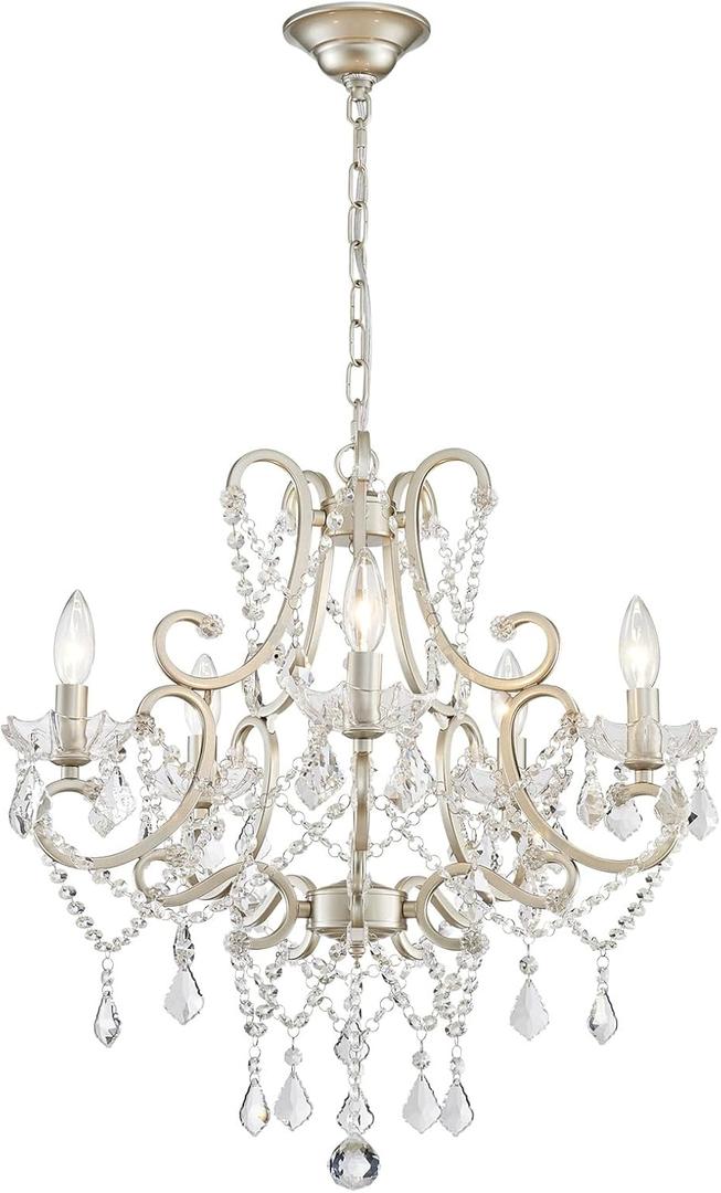 Crystal Chandelier, 5-Light Modern Chandelier for Dining Room Light Fixture, Nickel Finish Pendant Ceiling Light Fixture, Modern Candle Chandelier for Living Room Kitchen Island Entryway Bedroom (27" High 22.7" Wide)