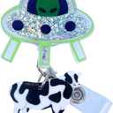 Cute UFO Cow Badge Reel Holder Retractable with ID Clip for Nurse Nursing Name Tag Card Funny Accessories with Alligator Clip Medical Assistant Office Student Work Hospital