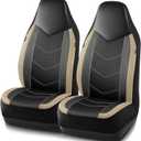 PIC AUTO Leather Car Seat Covers, Sports Carbon Fiber & Mesh Design, High-Back Two Front Set, Waterproof Automotive Seat Covers, Airbag Compatible, Universal Fit for Most Cars (Black & Beige)