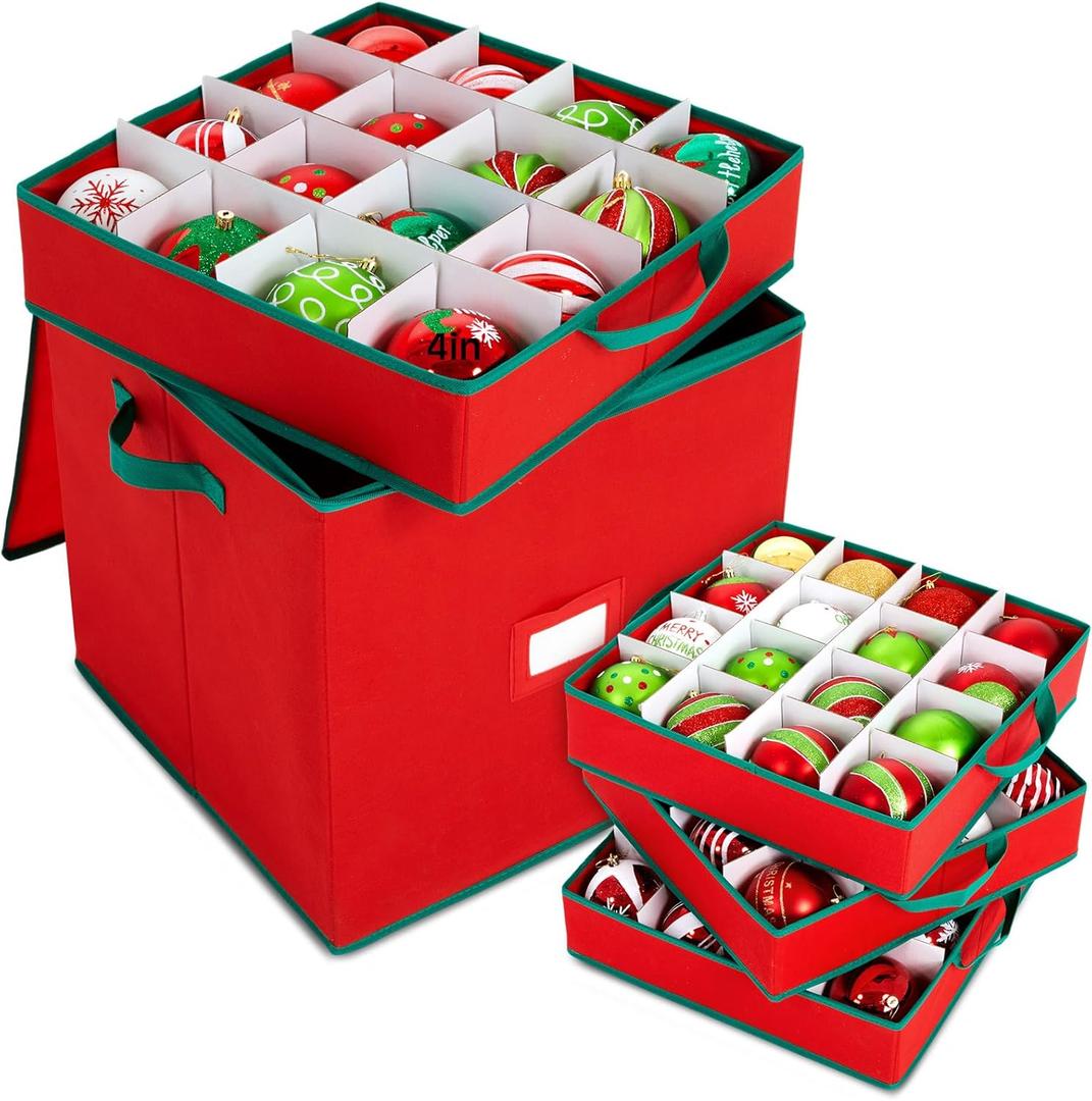 Pinkunn 64pcs 4in Christmas Ornament Storage Box with Dividers Tray Stores Holiday Ornament Adjustable Dividers Double Zipper Label Slot Two Handles Storage Container Box Keeps Xmas Decor(Red)