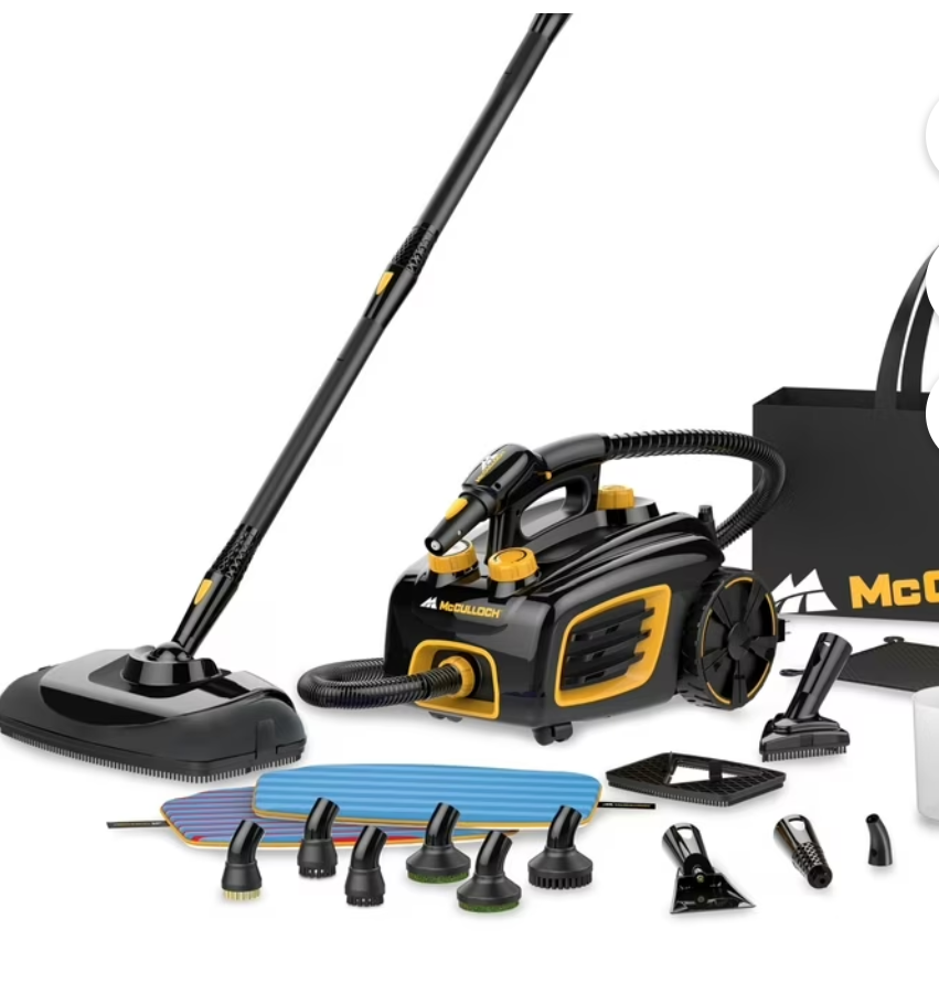 McCulloch Canister Steam Cleaner MC1375, 90 Minute Runtime, 20 Accessories: Jet Nozzle, Brushes, & More  Built for Home, Tile, Grout, Carpet, Furniture, & Personal Car Detailing