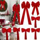 Janinka 6 Pcs Christmas Red Velvet Bows Decoration Set Include 1 Large Red Bow Tree Topper, 1 Small Wreath Bow and 4 Velvet Chair Bows Sashes Holiday Decor for Christmas Tree, Wreaths, Dining Chairs