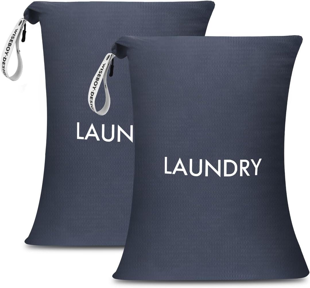 WiseBoy 2 Pack Laundry Bags, Travel Laundry Bag for Dirty Clothes, Washable Nylon Wet Dry Bag, Swimming Yoga Bathing Suit Workout Wet Dry Bags (Navy Blue)