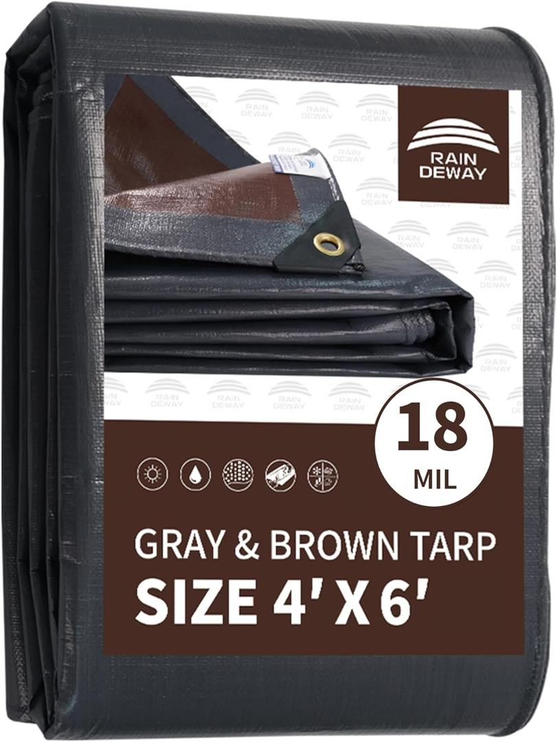 RAINDEWAY Tarp 4x6 Feet Super Heavy Duty Tarp 18 Mil,Small Tarps,UV Resistant,Weatherproof,Multipurpose Waterproof Poly Tarps with Grommets and Reinforced Edges,Brown/Gray