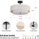 18" Semi Flush Mount Ceiling Light with Fabric Lampshade Modern Drum Ceiling Lamp Black Ceiling Light Fixture for Dining Room Kitchen Bedroom Living Room