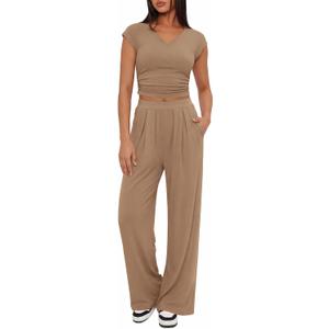 BTFBM Womens 2 Piece Outfits Spring 2026 V Neck Cap Sleeve Ruched Top Wide Leg Pants Sets Rib Knit Lounge Matching Set (M)