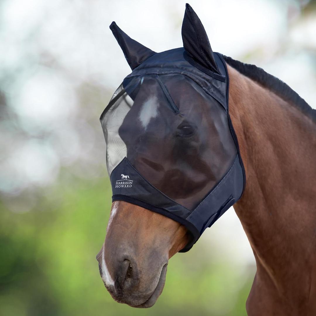 Harrison Howard CareMaster Horse Fly Mask Half Face with Ears Black Large Full Size