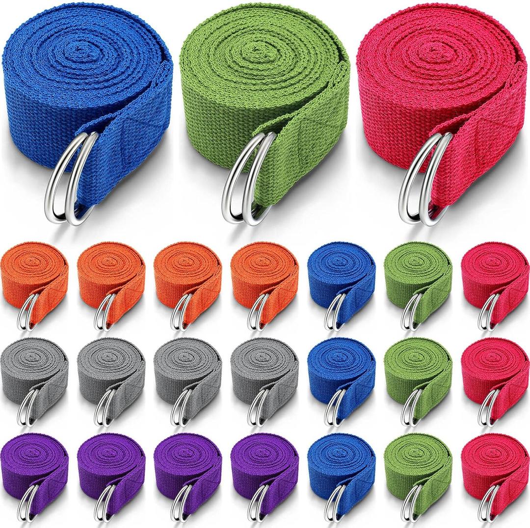 Leyndo 24 Pieces Yoga Strap Stretching Pilates Exercise Adjustable Straps 6 ft Non Elastic Yoga Belt with Adjustable D Ring Buckle for Pilates Gym Workouts Fitness (Bright)