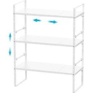 iPEGTOP Expandable Cabinet Storage Shelf Organizer Rack, Heavy Duty Cupboard Stand Spice Rack Adjustable Height Garage Pantry Shelf Space Riser for Counter Kitchen Organization, White, 3 Pack (10.2" Width - 3 Pack)