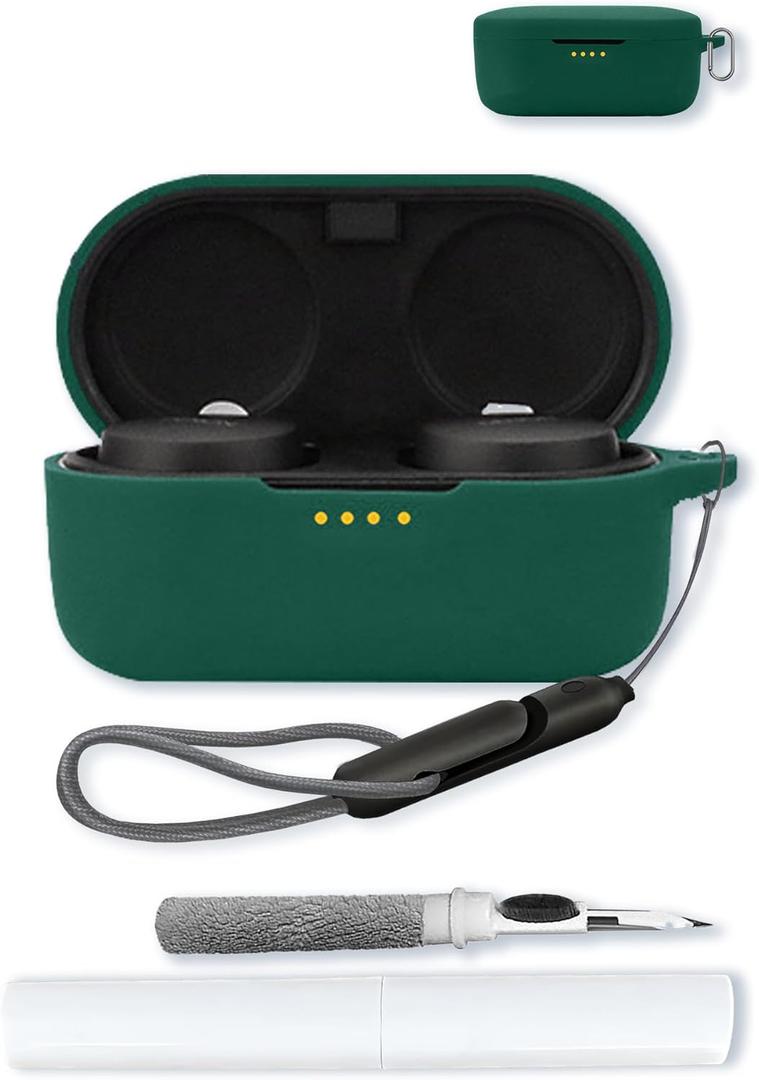 Silicone Case Compatible with Denon PerL ProWireless Earbuds with Keychain,Cleaning Kit and Lanyard, Soft Protective Shockproof Cover for Denon PerL Pro-Green