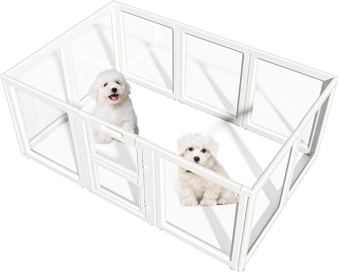 Clear Acrylic Dog Playpen Indoor,Transparent Dog Pen,Easy to Assemble and Clear pet Pen for Puppy Dog, Rabbit and cat,Sturdy and Easy to Clean Plastic pet Fence (White, 23.6" H, 8PCS)