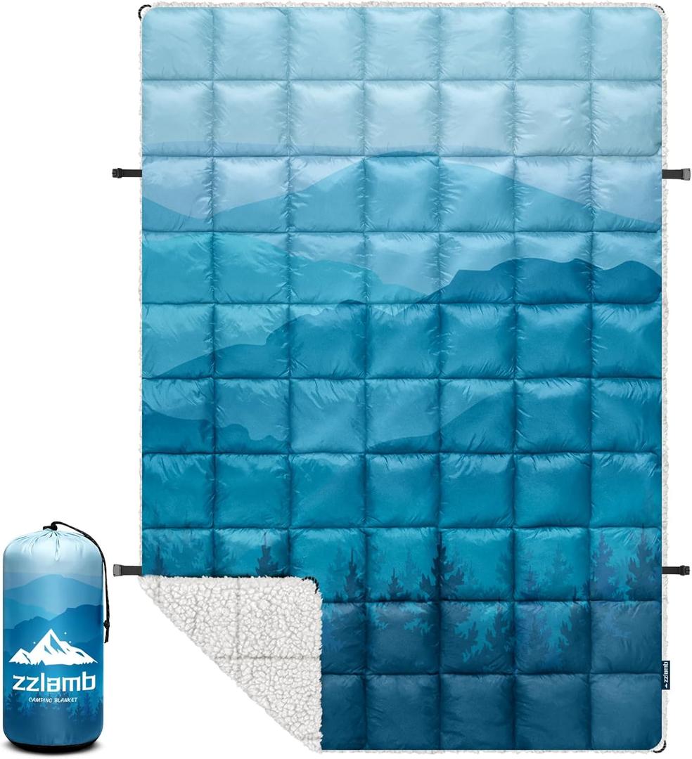 zzlamb Sherpa Puffy Camping Blanket,Packable Outdoor Warm Wearable Fleece Blankets for Cold Weather,Thick Camp Quilt with Sherpa Lining for Sleeping,Traveling,Backpacking,Picnics,Beach,Stadium 52x75in (Cyan Ridge Fade)
