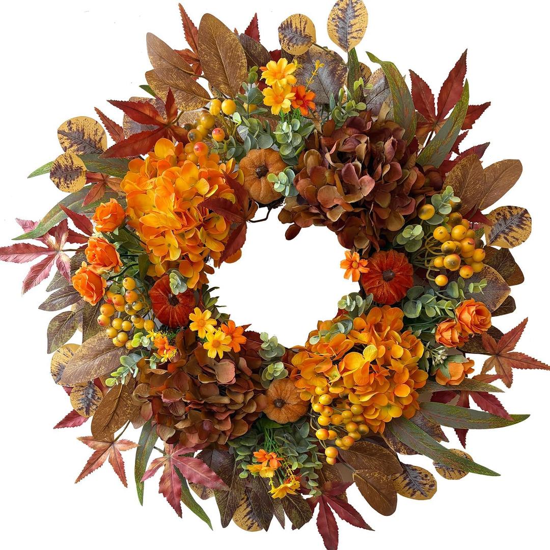 Fall Wreaths for Front Door, 24 Inch Orange Autumn Door Wreath with Hydrangea and Velvet Pumpkins, Indoor Outdoor Fall Decorations for Home Thanksgiving Harvest Table Centerpiece Fall Decor
