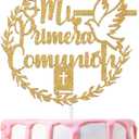 4 x Mi Primera Comunin Cake Topper, Spanish First Holy Communion, Religious Baptism, Christening Baby Shower 1st Birthday Party Decorations Supplies, Gold Glitter