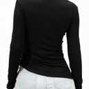 Womens Long Sleeve Rib Knit Top 2025 Asymmetrical V Neck Slim Fit Thin Shirt with Adjustable Drawstring Fall Casual Basic (Black)