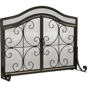 Plow & Hearth Metal Fireplace Screen Crest Black | 44" W x 33" H | Dual Magnetic Hinged Doors | Spark Guard Cover | Stand Alone Wrought Iron Panel Fire Place Cover