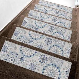 Carpet Stair Treads Non Slip 15PCS, 8" X 30" Edging Stair Runner for Wooden Steps Indoor, Resistant Stair Rugs with Reusable TPE Adhesive Backing, Residue Free Mat for Kids, Elders, Blue&White