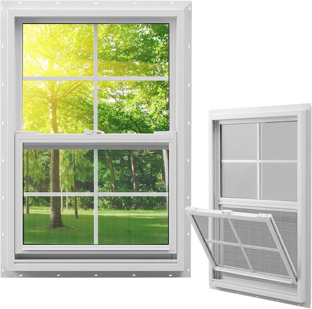 Pushglossy 24" x 36" Vinyl Single Hung Window Household Sliding Window with Double Pane Insulated Tempered Glass Lower Tilt Sash Screen Energy Efficient for House Mobile Home Basement Shed, White