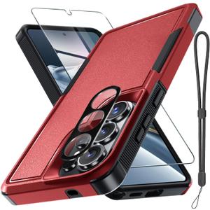 Samsung Galaxy S26 Ultra Case with Screen Protector+Camera Lens Cover,Military Grade Heavy Duty Shockproof Phone Cover with Wrist Lanyard Strap for Samsung S26Ultra,Red