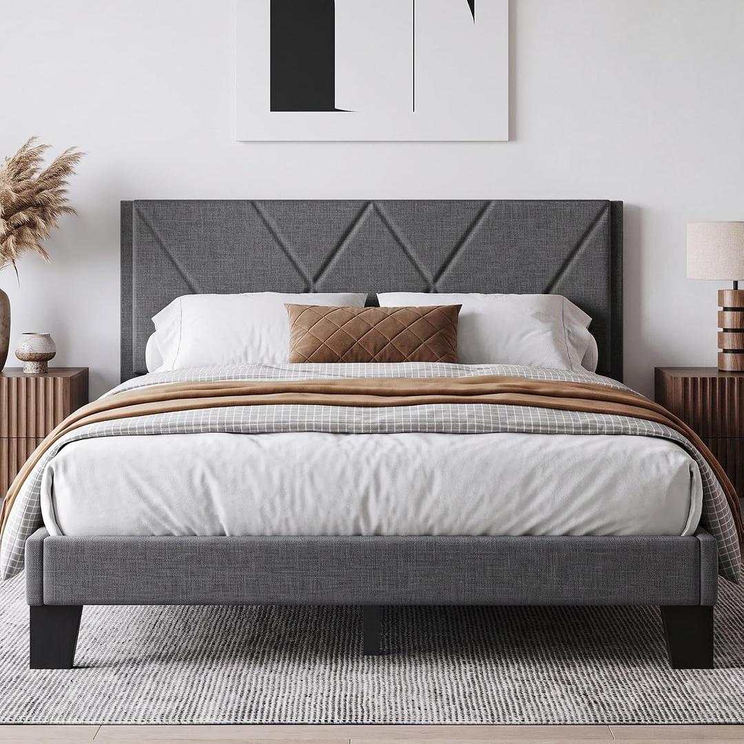 Queen Platform Bed Frame with Upholstered Wood Headboard, Gray Heavy Duty Slats Support, Noise Free, Easy Assembly, No Box Spring , Grey, 81.6"L x 60.3"W x 36.2"H