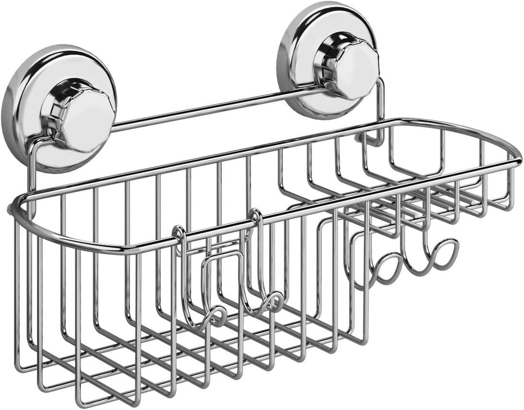 HASKO Shower Caddy Suction Cup, Shower Shelf with Soap Dish and Hooks Organizer, Suction Bathroom Shelf for Storage, Wall Mounted Basket (Polished Stainless Steel SS304) (Silver (1 Pack))