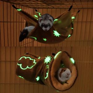 Noctilucent Luminous Guinea Pig Rat Hammock Bunkbed Hanging Tunnel and Soft Bed Mat for Ferret Hedgehog Squirrel Hideout Cage Accessories (1.Tunnel and Bunkbed Hammock)